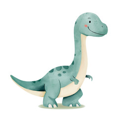 Cute blue brontosaurus baby. Watercolor dinosaur character for kids prints cards and decor.