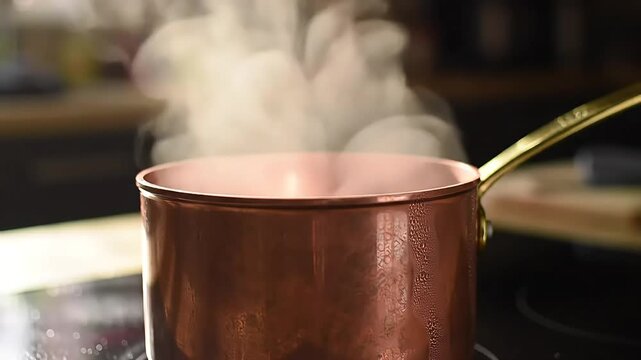 Copper Pot Boiling Water Producing Steam in a Modern Kitchen with Soft Lighting and Warm Atmosphere