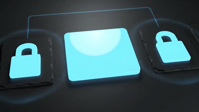A futuristic digital security concept featuring glowing blue padlock icons protecting a central data block, illustrating robust encryption and network safety.