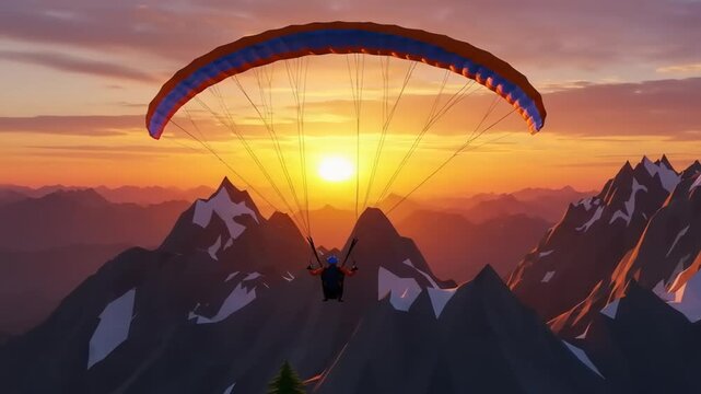 Paraglider soaring above majestic mountains at sunset, with vibrant sky and distant peaks