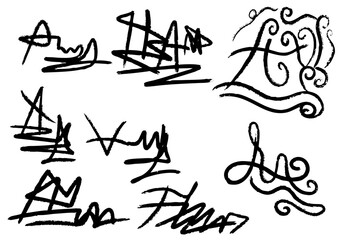 Collection of artistic graffiti tags and stylized signatures in black ink on a white background, showcasing unique lettering and abstract designs