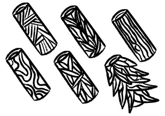 A minimalist line art collection of hand-drawn natural textures, featuring various wood grains on logs and a stylized leaf cluster illustration
