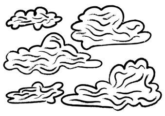Set of various whimsical cloud shapes, illustrated with thick outlines and wavy lines for a stylized weather concept