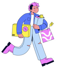 Young woman running with purchases from a sale