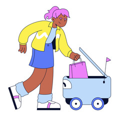 Girl picking up order delivered by robot