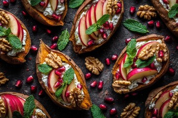 Sweet potato halves topped with apples, cheese, walnuts, pomegranate seeds, and mint