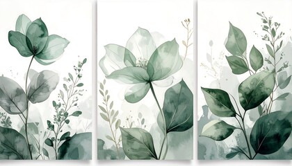 Abstract floral tri-panel artwork featuring soft, muted greens and whites.  Delicate, stylized blossoms and leaves create a tranquil and elegant aesthetic