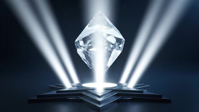 A shimmering, perfectly cut crystal, bathed in intense light rays from a sleek pedestal, evokes notions of preciousness, success, and futuristic elegance.