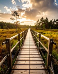 Fototapeta premium A wooden boardwalk extends into a golden sunset over a marsh. Tranquil scene of nature