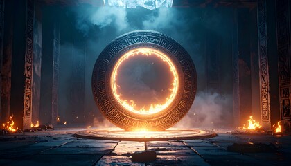 Mysterious Portal with Burning Energy in Ancient Chamber