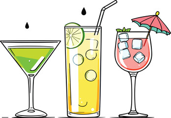 Stylized cocktail trio with martini, citrus highball, and tropical pink drink in festive glassware illustration