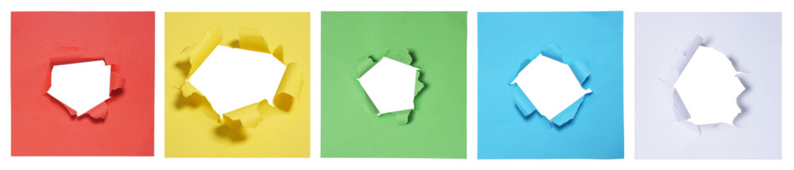 Set collection or collage of colorful paper with ripped hole isolated on transparent background