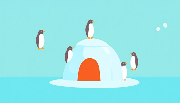 Lonely igloo isolated on melting iceberg with penguins huddling for warmth.