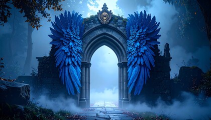 Mysterious Stone Archway with Blue Feather Wings in a Misty Forest