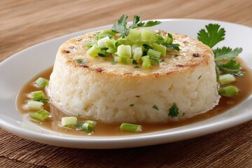 Creamy rice dish topped with spring onions and herbs