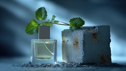 A subtly lit perfume bottle, accented by fresh mint leaves, sits beside a textured concrete cube, creating a sophisticated and stylish still life composition.