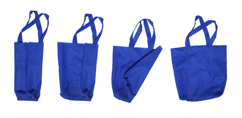 Set collection or collage of blue tote bag isolated on transparent background