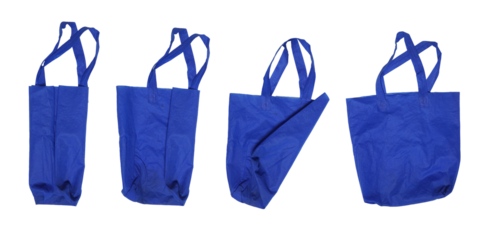 Set collection or collage of blue tote bag isolated on transparent background