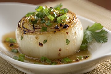 Roasted onion, topped with green onions and spices, sits in a small white dish
