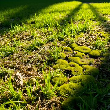 Grass lawn after dethatching to improve health, covered by a lot of dead grass thatch and moss ready to be raked up, dramatic background of sunlight and shade