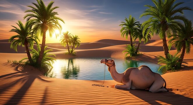 Camel Oasis Sunset. (1) - Powered by Adobe