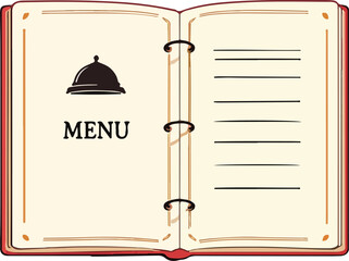 Open menu book with cloche icon and lined page layout in red cover for restaurant and food service design