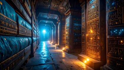 Mysterious Stone Corridor with Glowing Lights and Intricate Designs