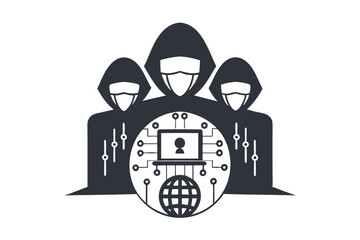 Three anonymous figures stand behind a laptop displaying a biohazard symbol and falling data