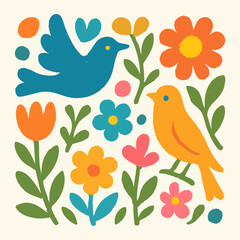 Vintage retro nature elements with bird and flowers garden view