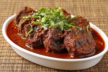 Oval dish of dark-red curry, meat chunks, cilantro