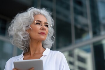 Mature caucasian woman with gray hair holding tablet outdoors in urban setting