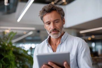 Mature caucasian male using tablet in modern office environment