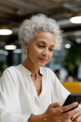 Elderly caucasian female engages with smartphone in modern office setting