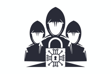 Three anonymous figures wearing hoods work around a laptop with circuit connections above