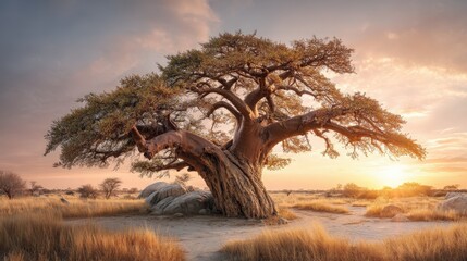 Obraz premium Majestic baobab tree silhouetted against a stunning sunset in the African savanna