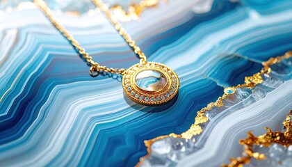 Gold necklace on blue marbled surface