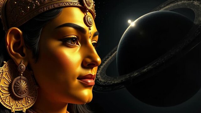 Lord Kubera's Divine Gaze: A Mesmerizing Journey Through Hindu Mythology on a Cosmic Planetary Ring, Perfect for Spiritual and Cultural Narratives
