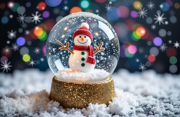 Snowman in a glitter red base snow globe with bokeh Christmas lights. Winter holiday decoration. Merry Christmas.