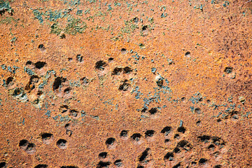 Close-up of a severely worn and corroded iron plate from an old riverboat, ideal for a unique art or grunge background