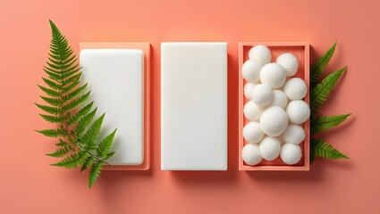 Minimalist spa arrangement featuring soaps cotton balls and fern leaves on peach background