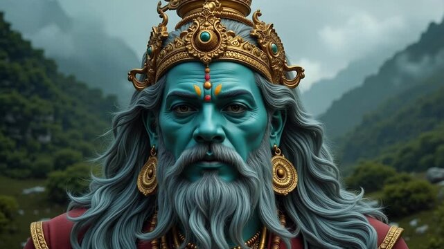 Mystical Lord Kubera in Fog Valley a Divine Hindu Deity Close Up 4K Video Footage for Spiritual Peace, Meditation, and Religious Inspiration