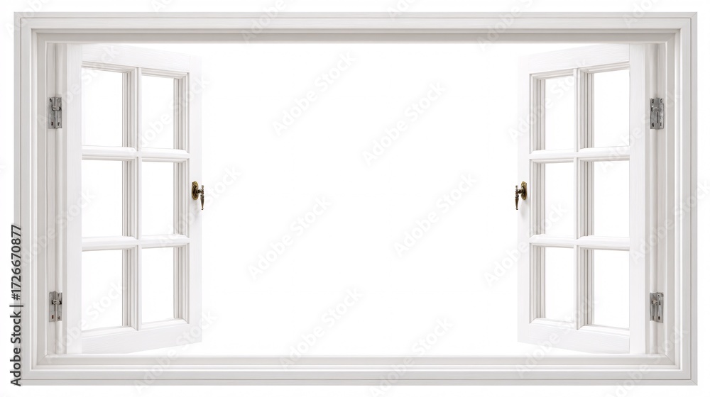 Poster open white window frame with perspective, isolated architectural element