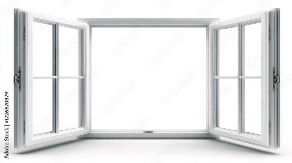 Poster open white window frame with perspective, isolated architectural element