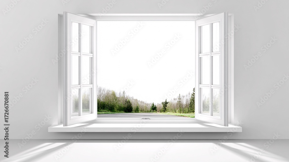 Poster open white window frame with perspective, isolated architectural element