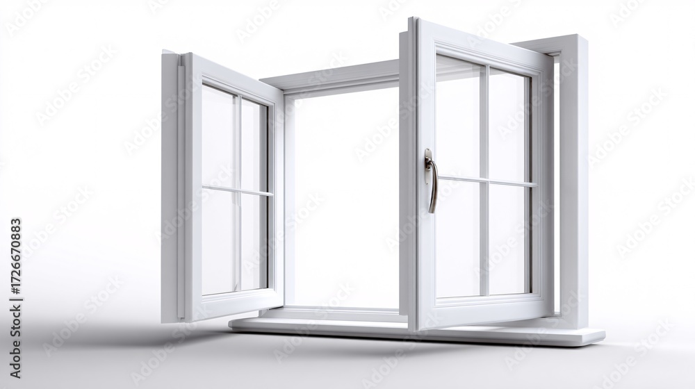 Poster open white window frame with perspective, isolated architectural element
