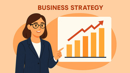 Flat-style digital illustration of a businesswoman presenting a rising bar chart with an arrow, symbolizing business strategy, planning, and corporate growth.