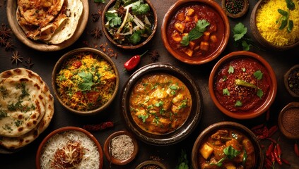 Assorted Indian dishes in terracotta bowls