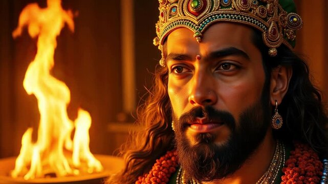Radiant Kubera Blessing Video: Experience the Divine Glow of the Hindu God of Wealth Amidst Fiery Flames in Stunning 4K Detail
