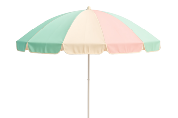 Colorful striped beach umbrella providing shade on a sunny day at the beach with soft sand and clear skies