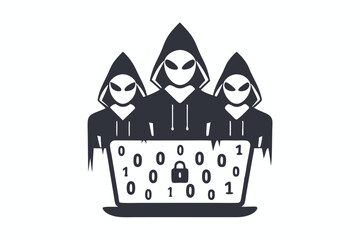 Three anonymous hackers wearing hoodies are operating computers with a global network displayed above them